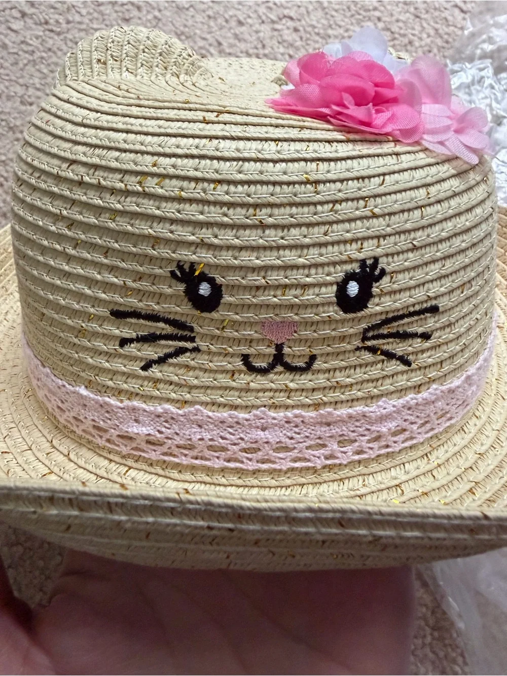 The Children’s Place Baby Girls Cat Straw Sun Hat Floral 12-18M NWT Natural Pink